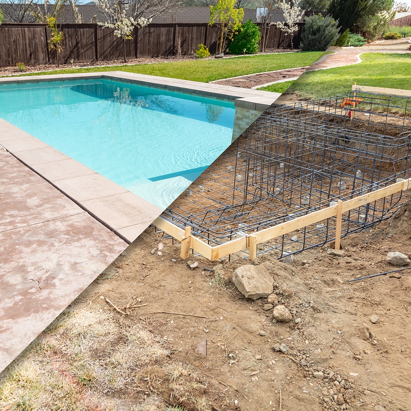 Progression construction piscine : côté gauche terminé, côté droit armature métallique et coffrage.